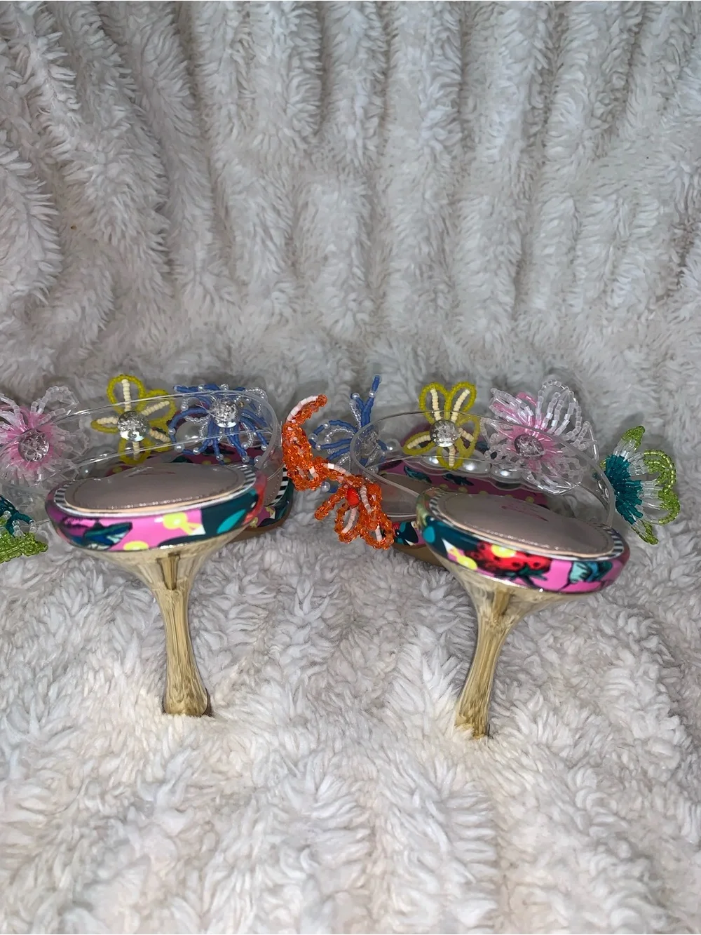 NWOB Betsey Johnson Goldiee Embellished Open-Toe Heels In Berry Multicolor 7.5